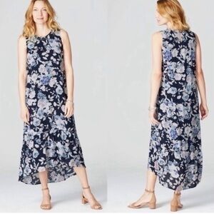 J. Jill Floral Sleeveless High-Low Maxi Dress Navy Blue Rayon XL